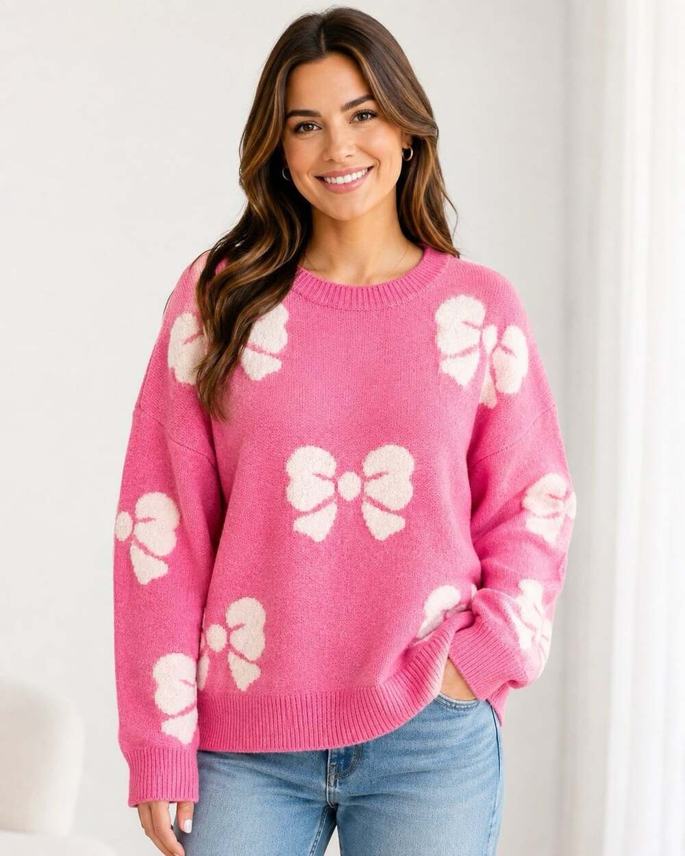 Avara XL Pink Bow Sweater Women XL Coquette Preppy Crewneck Soft  Cozy Feminine